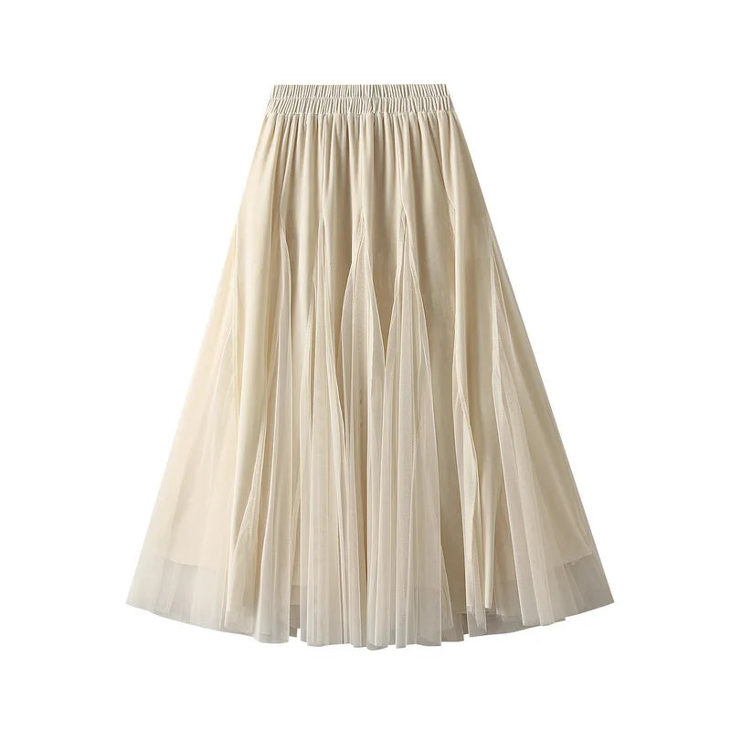 2026 Women Long Skirts Velveteen Mesh Patchwork Midi Skirts Style Casual High Waist Elegant Autumn Winter Skirts