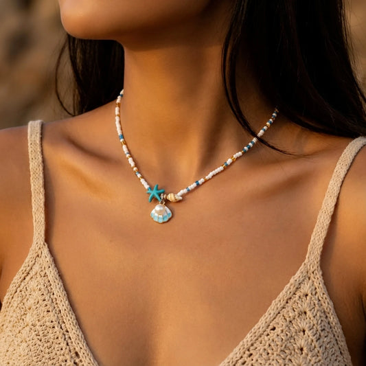 2026 Summer Boho Beaded Choker Necklace for Women Vintage Silver Color Shell Starfish Pendant Collar Beach Vacation Jewelry Gift