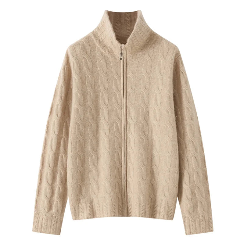 100%Pure Cashmere Zipper Cardigan Women's Lapel Twist Knitted Jacket Fashion Loose Thicken Coat Winter High-Neck Cashmere Shirt