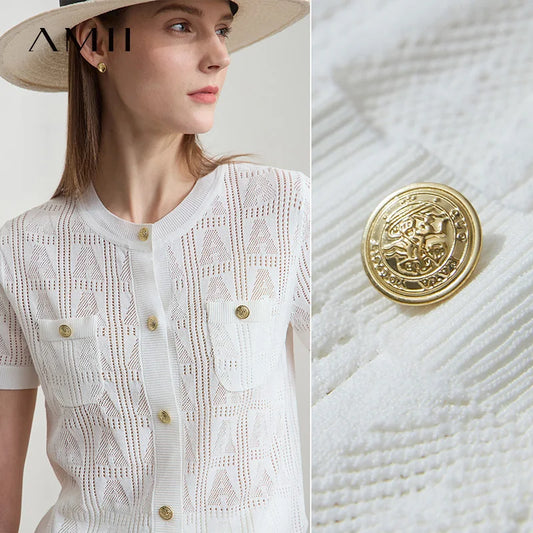 AMII Minimalist Summer Sweater Women New 2025 Short Sleeve Round Neck Solid Knitted Cardigan Female Fashion Office Lady 12522115