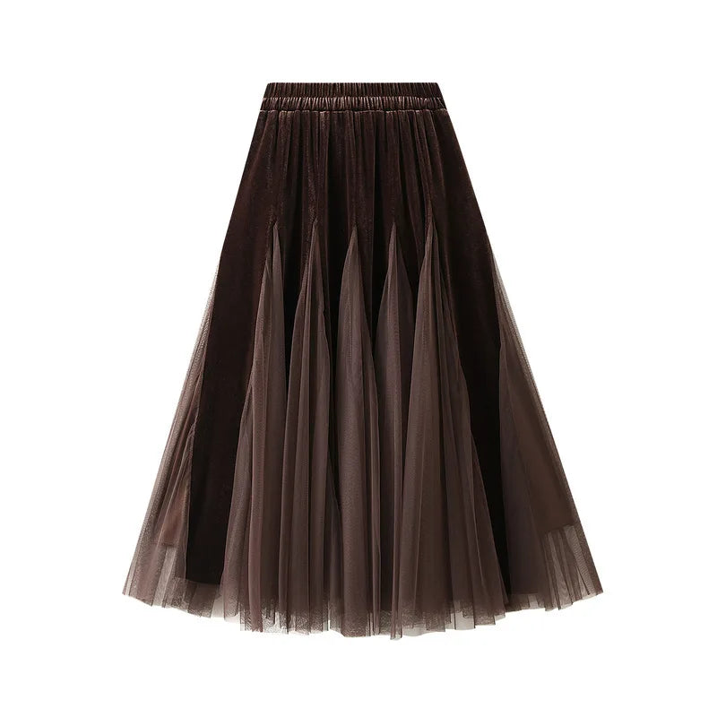 2026 Women Long Skirts Velveteen Mesh Patchwork Midi Skirts  Style Casual High Waist Elegant Autumn Winter Skirts
