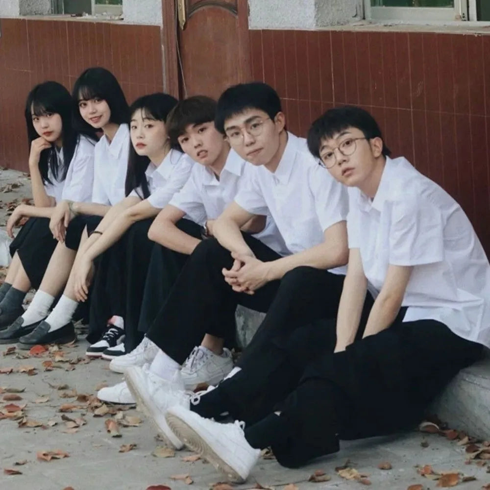 Casual Classic White Shirt Basic Preppy Style Loose Fit Shirt Simple Short Sleeve Blouse High School Students