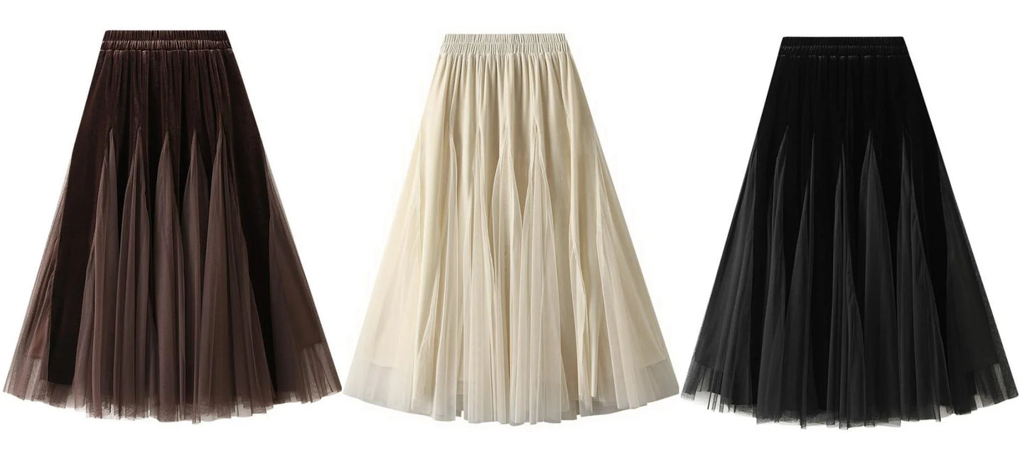 2026 Women Long Skirts Velveteen Mesh Patchwork Midi Skirts  Style Casual High Waist Elegant Autumn Winter Skirts
