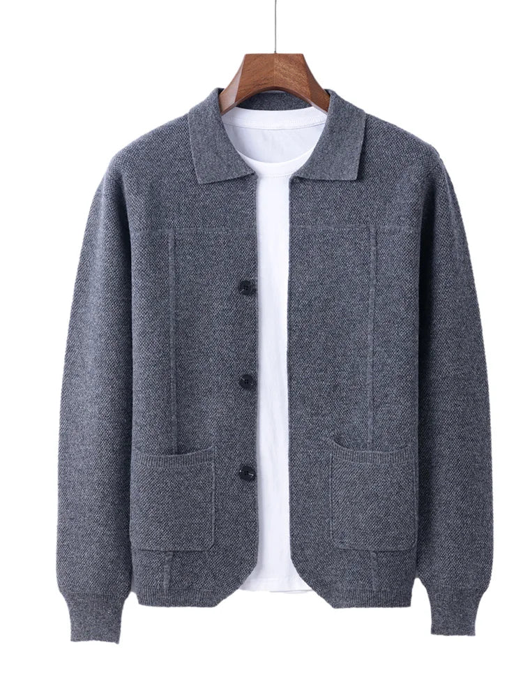 100% Merino Wool Men's Lapel Collar Knit Cardigan Autumn Winter Thicken Solid Color POLO Neck Suit Shirt Cashmere Jacket Sweater