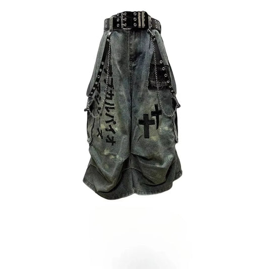 Summer Women Goblin Core Cross Denim Jorts Shorts Y2k Calf-Length Jean Pants Trashy Y2K Abi Japanese Cyber Punk Grunge Unisex
