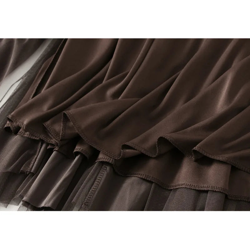 2026 Women Long Skirts Velveteen Mesh Patchwork Midi Skirts  Style Casual High Waist Elegant Autumn Winter Skirts