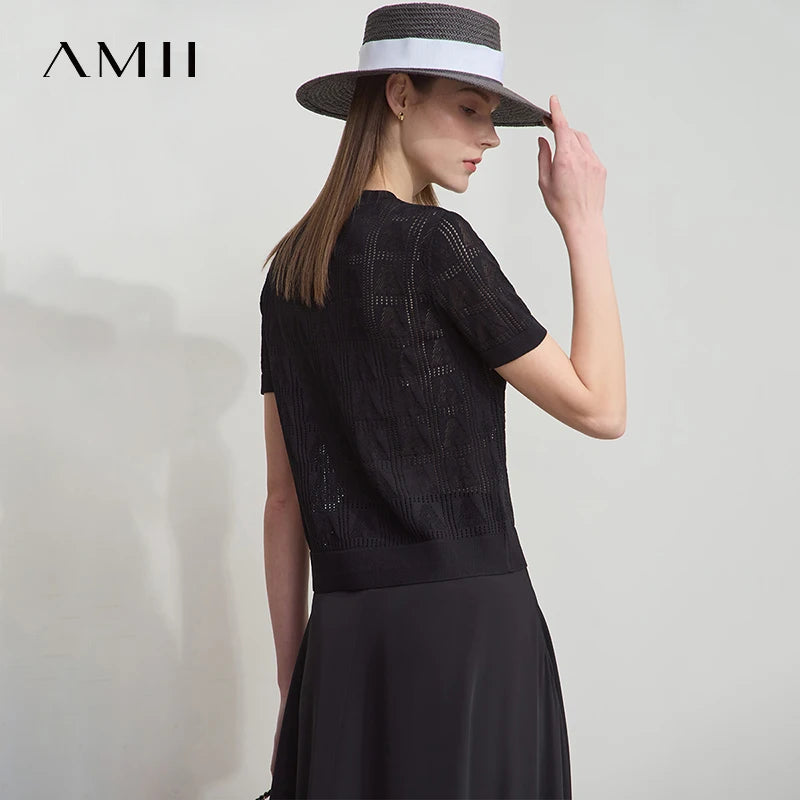 AMII Minimalist Summer Sweater Women New 2025 Short Sleeve Round Neck Solid Knitted Cardigan Female Fashion Office Lady 12522115