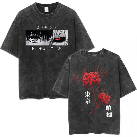 Vintage Washed Anime Tokyo Ghoul Spider Lily T Shirt Manga Cool Ken Kaneki Eyes T-shirts Oversized Gothic Short Sleeve T Shirts