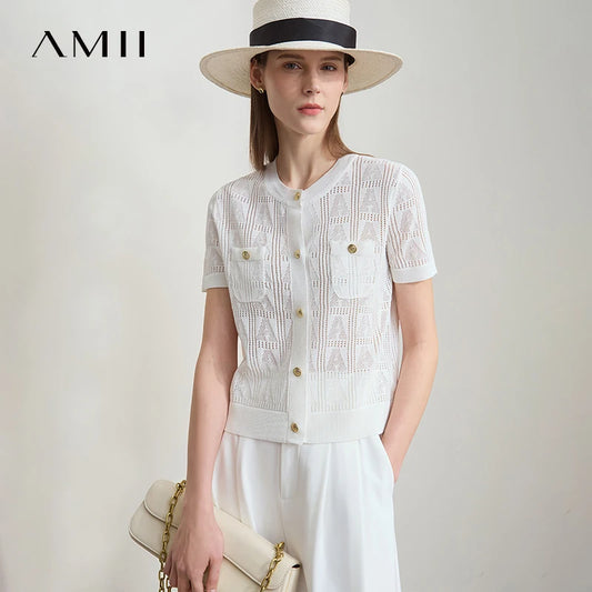 AMII Minimalist Summer Sweater Women New 2025 Short Sleeve Round Neck Solid Knitted Cardigan Female Fashion Office Lady 12522115