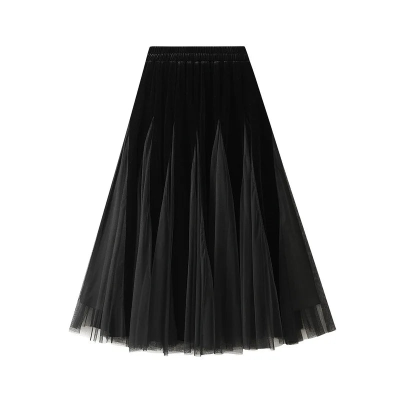 2026 Women Long Skirts Velveteen Mesh Patchwork Midi Skirts  Style Casual High Waist Elegant Autumn Winter Skirts