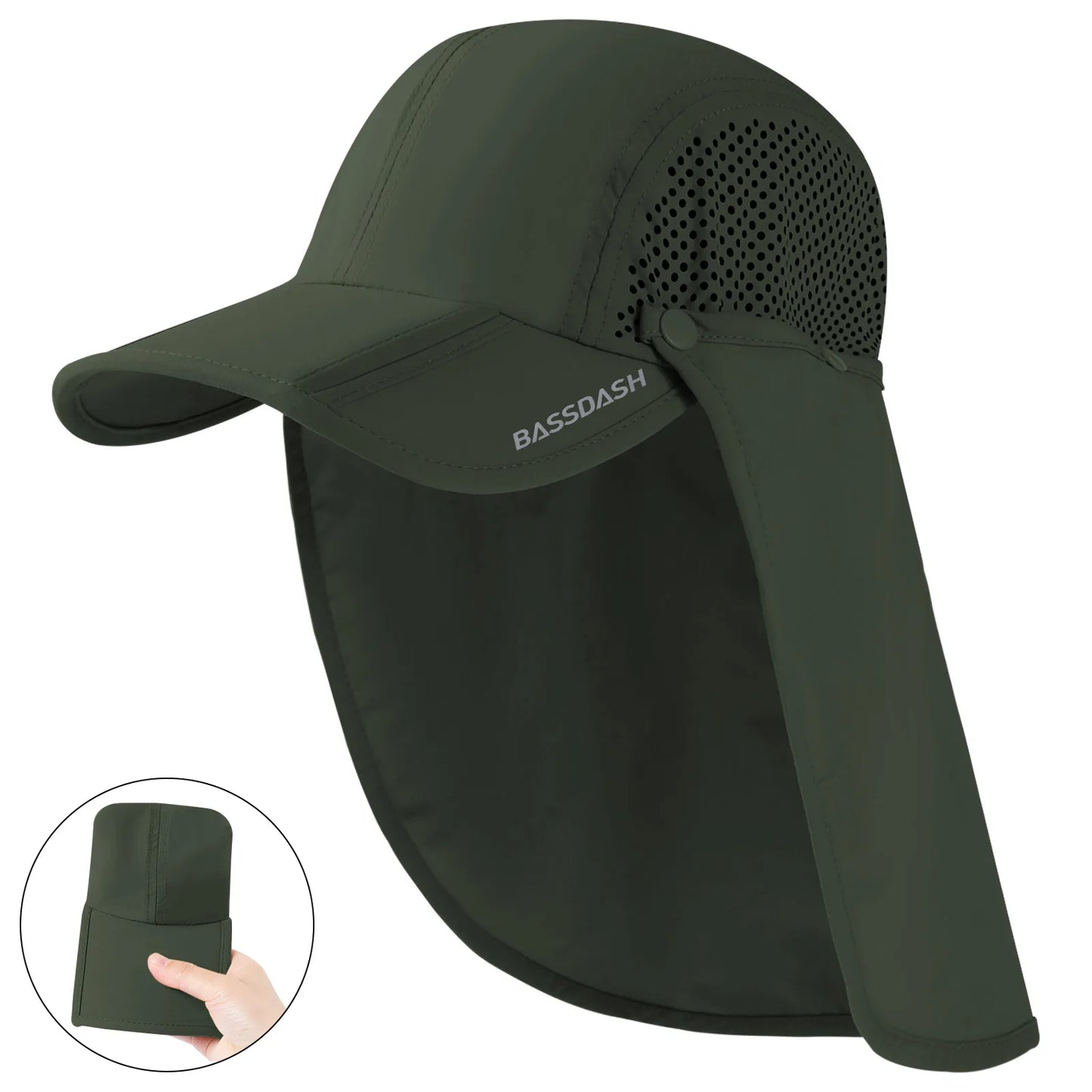 BASSDASH UPF 50+ Foldable Fishing Hat Baseball Cap with Removable Neck Flap Portable for Men Women Golf Hiking