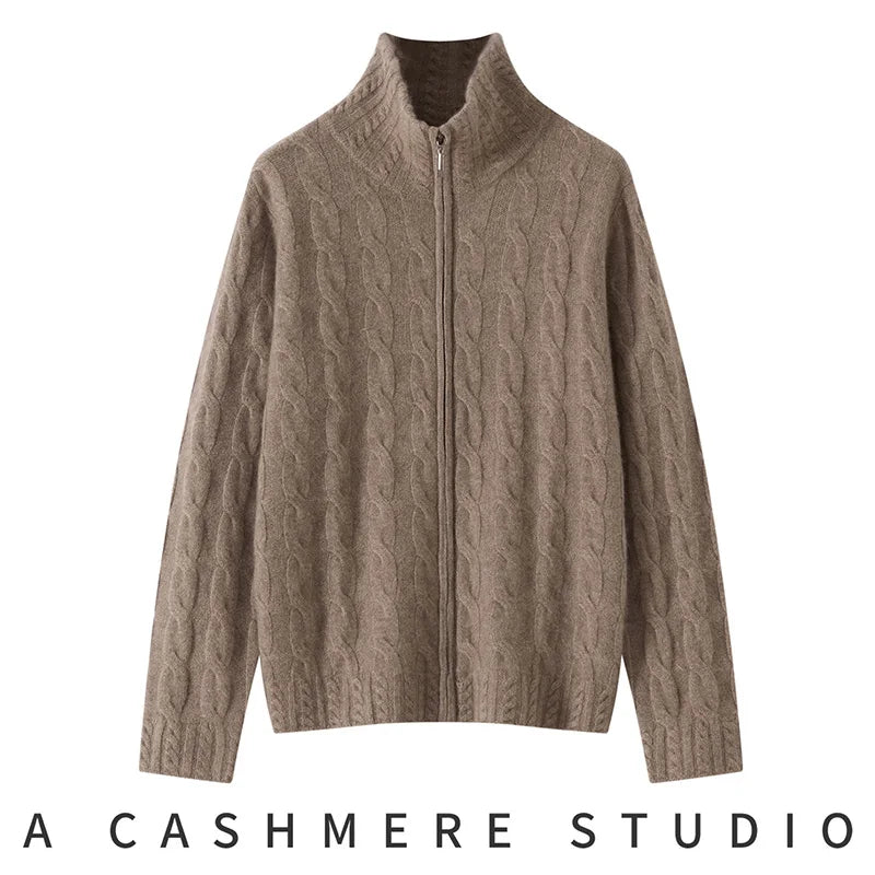 100%Pure Cashmere Zipper Cardigan Women's Lapel Twist Knitted Jacket Fashion Loose Thicken Coat Winter High-Neck Cashmere Shirt