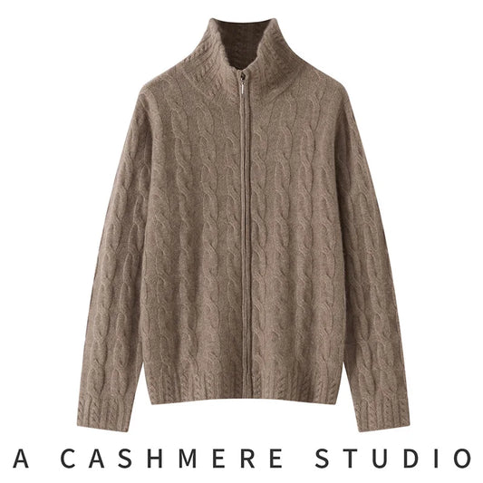 100%Pure Cashmere Zipper Cardigan Women's Lapel Twist Knitted Jacket Fashion Loose Thicken Coat Winter High-Neck Cashmere Shirt