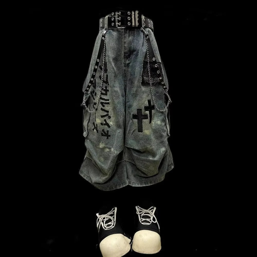 Summer Women Goblin Core Cross Denim Jorts Shorts Y2k Calf-Length Jean Pants Trashy Y2K Abi Japanese Cyber Punk Grunge Unisex