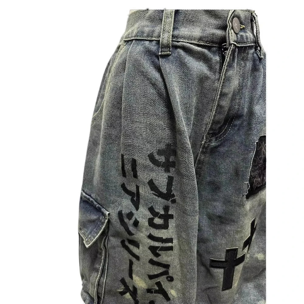 Summer Women Goblin Core Cross Denim Jorts Shorts Y2k Calf-Length Jean Pants Trashy Y2K Abi Japanese Cyber Punk Grunge Unisex