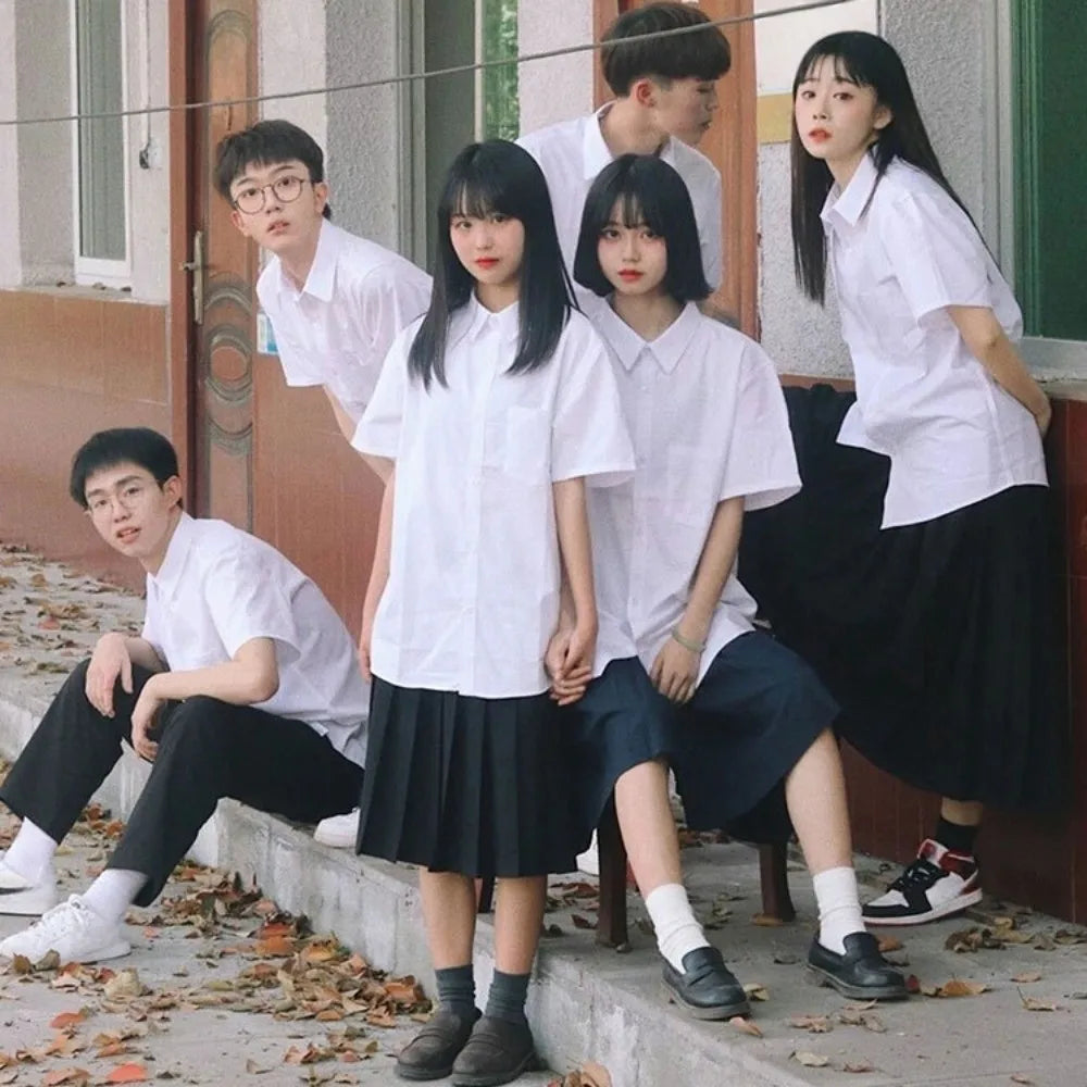 Casual Classic White Shirt Basic Preppy Style Loose Fit Shirt Simple Short Sleeve Blouse High School Students
