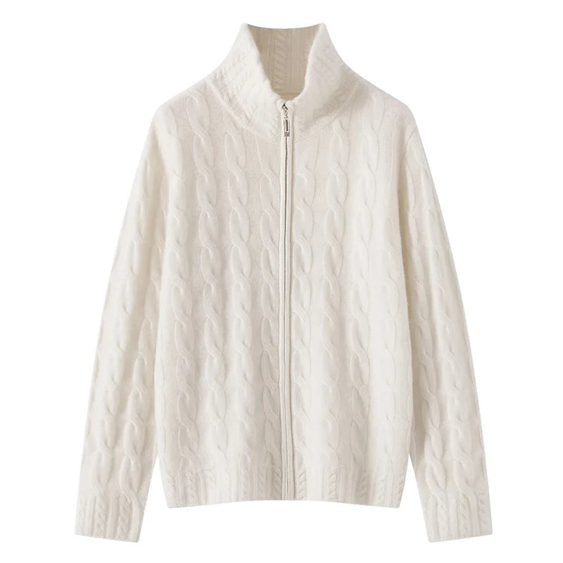 100%Pure Cashmere Zipper Cardigan Women's Lapel Twist Knitted Jacket Fashion Loose Thicken Coat Winter High-Neck Cashmere Shirt
