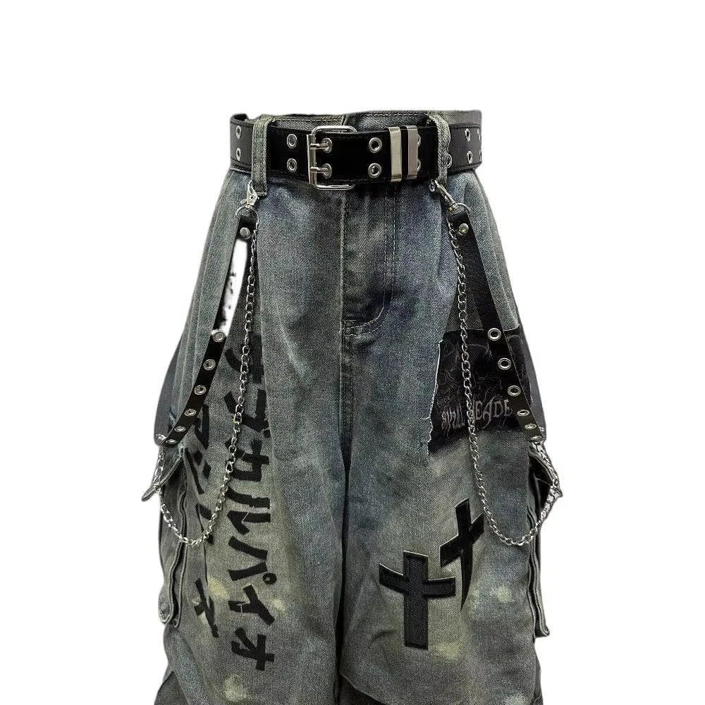 Summer Women Goblin Core Cross Denim Jorts Shorts Y2k Calf-Length Jean Pants Trashy Y2K Abi Japanese Cyber Punk Grunge Unisex
