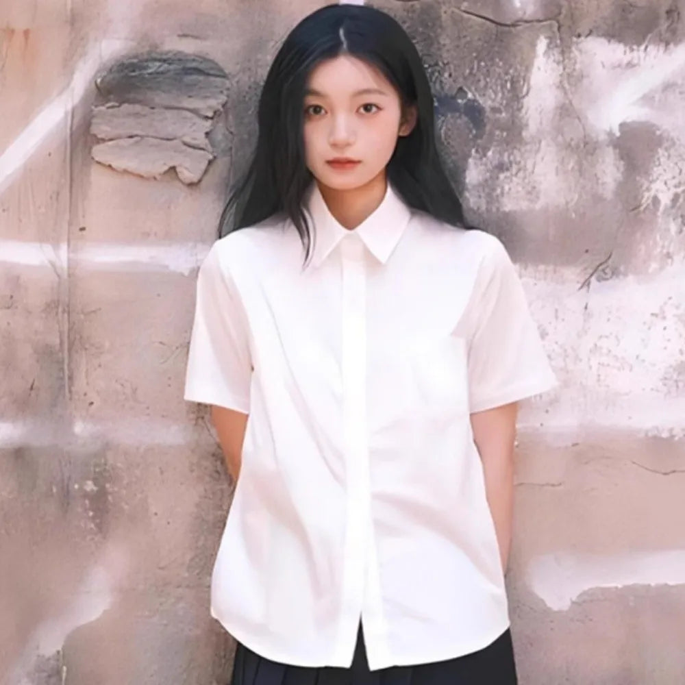 Casual Classic White Shirt Basic Preppy Style Loose Fit Shirt Simple Short Sleeve Blouse High School Students