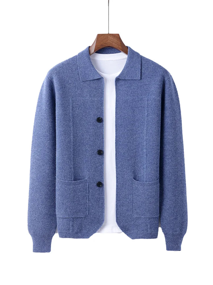 100% Merino Wool Men's Lapel Collar Knit Cardigan Autumn Winter Thicken Solid Color POLO Neck Suit Shirt Cashmere Jacket Sweater