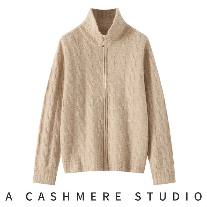 100%Pure Cashmere Zipper Cardigan Women's Lapel Twist Knitted Jacket Fashion Loose Thicken Coat Winter High-Neck Cashmere Shirt