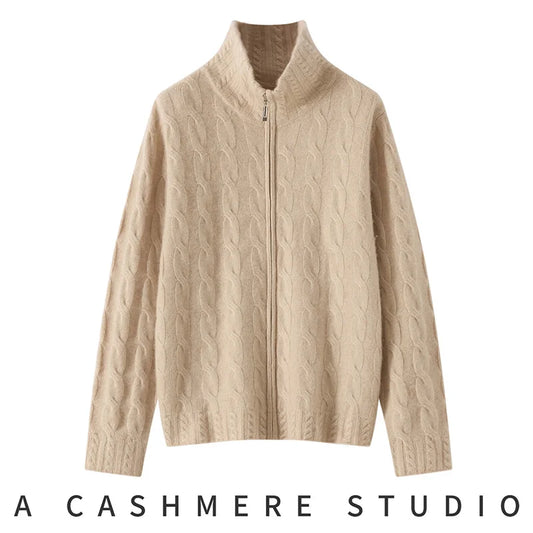 100%Pure Cashmere Zipper Cardigan Women's Lapel Twist Knitted Jacket Fashion Loose Thicken Coat Winter High-Neck Cashmere Shirt