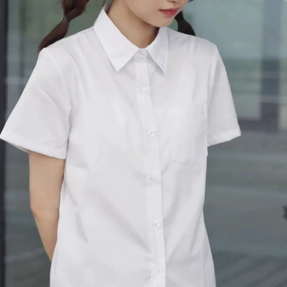 Casual Classic White Shirt Basic Preppy Style Loose Fit Shirt Simple Short Sleeve Blouse High School Students