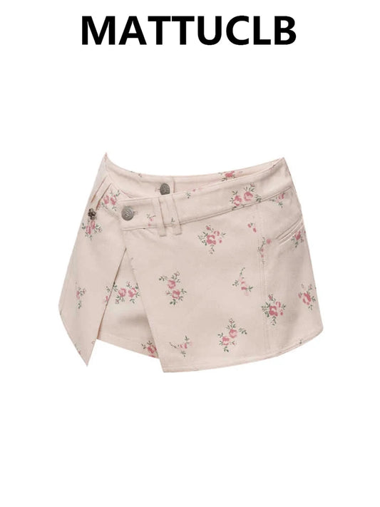 Sumemr Women Gyaru Asymmetrical Mini Floral Pattern Skirt Design Shoujo 2000s Aesthetic Korean Fashion Vintage Mori Girl A-line