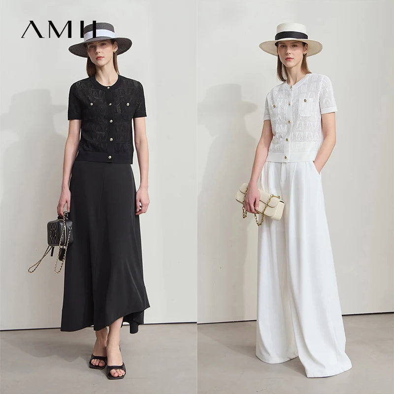 AMII Minimalist Summer Sweater Women New 2025 Short Sleeve Round Neck Solid Knitted Cardigan Female Fashion Office Lady 12522115