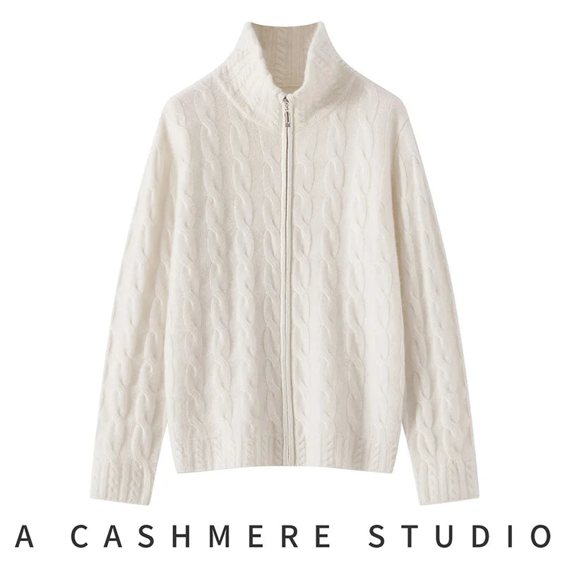 100%Pure Cashmere Zipper Cardigan Women's Lapel Twist Knitted Jacket Fashion Loose Thicken Coat Winter High-Neck Cashmere Shirt