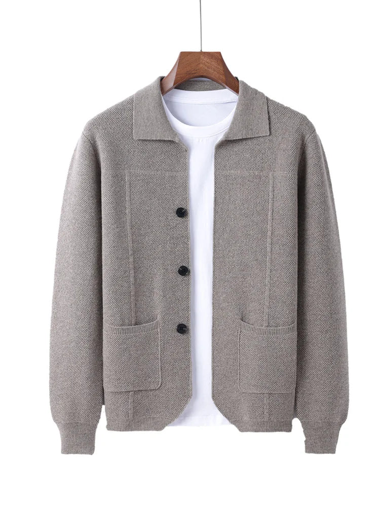 100% Merino Wool Men's Lapel Collar Knit Cardigan Autumn Winter Thicken Solid Color POLO Neck Suit Shirt Cashmere Jacket Sweater