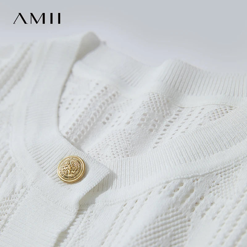 AMII Minimalist Summer Sweater Women New 2025 Short Sleeve Round Neck Solid Knitted Cardigan Female Fashion Office Lady 12522115