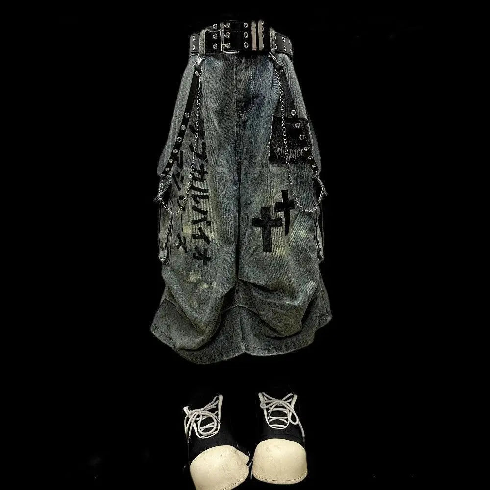 Summer Women Goblin Core Cross Denim Jorts Shorts Y2k Calf-Length Jean Pants Trashy Y2K Abi Japanese Cyber Punk Grunge Unisex