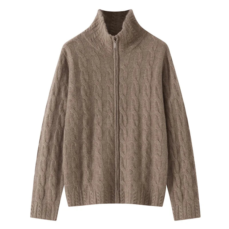 100%Pure Cashmere Zipper Cardigan Women's Lapel Twist Knitted Jacket Fashion Loose Thicken Coat Winter High-Neck Cashmere Shirt