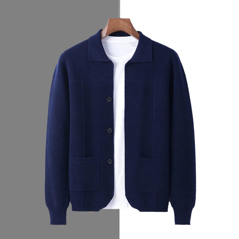 100% Merino Wool Men's Lapel Collar Knit Cardigan Autumn Winter Thicken Solid Color POLO Neck Suit Shirt Cashmere Jacket Sweater