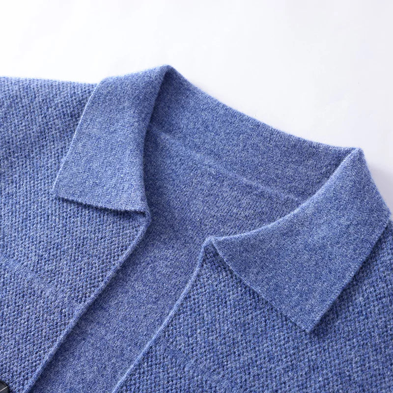 100% Merino Wool Men's Lapel Collar Knit Cardigan Autumn Winter Thicken Solid Color POLO Neck Suit Shirt Cashmere Jacket Sweater