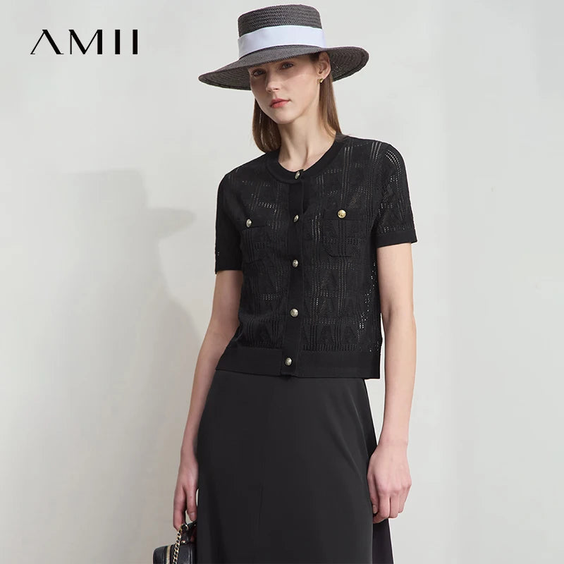 AMII Minimalist Summer Sweater Women New 2025 Short Sleeve Round Neck Solid Knitted Cardigan Female Fashion Office Lady 12522115
