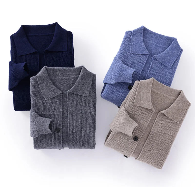 100% Merino Wool Men's Lapel Collar Knit Cardigan Autumn Winter Thicken Solid Color POLO Neck Suit Shirt Cashmere Jacket Sweater