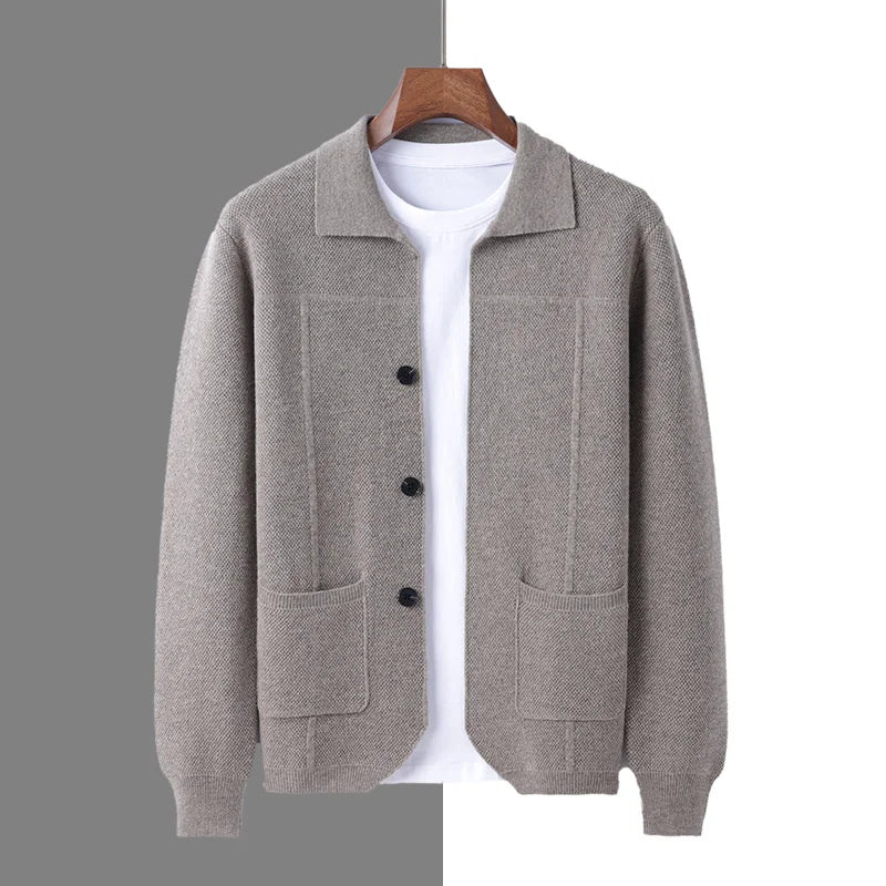100% Merino Wool Men's Lapel Collar Knit Cardigan Autumn Winter Thicken Solid Color POLO Neck Suit Shirt Cashmere Jacket Sweater