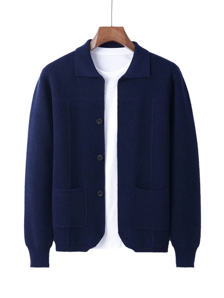 100% Merino Wool Men's Lapel Collar Knit Cardigan Autumn Winter Thicken Solid Color POLO Neck Suit Shirt Cashmere Jacket Sweater
