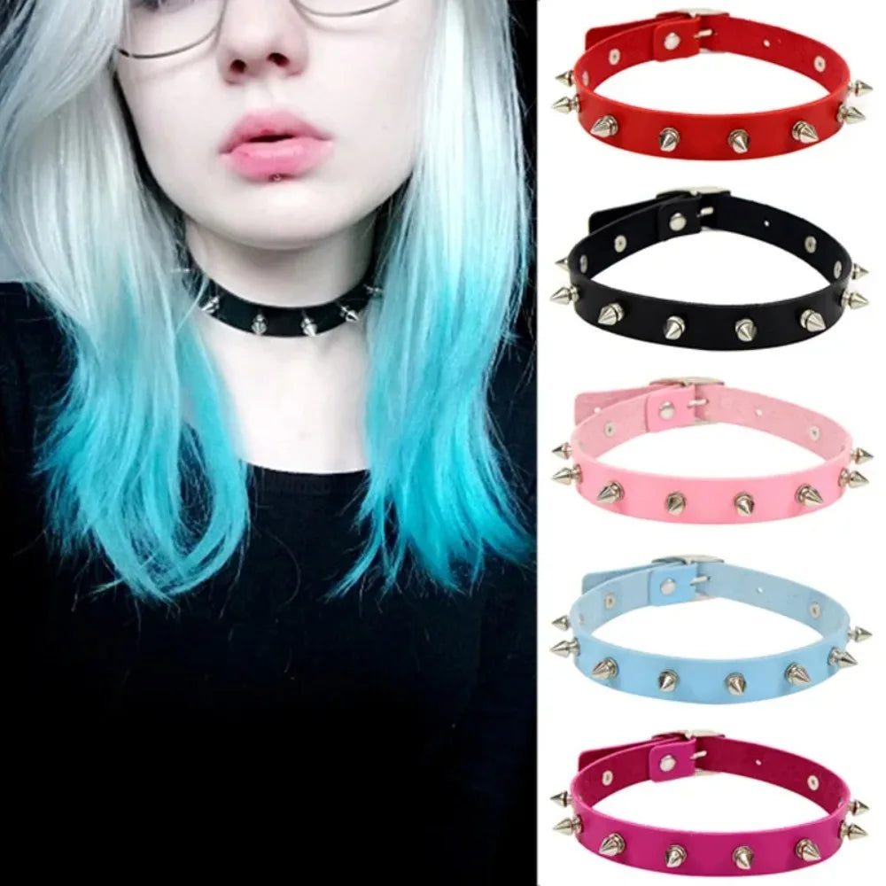 Black PU Leather Choker Necklace for Women Men Cool Punk Gothic Spike Biker Choker PU Leather Collar Studded Rock Necklace D